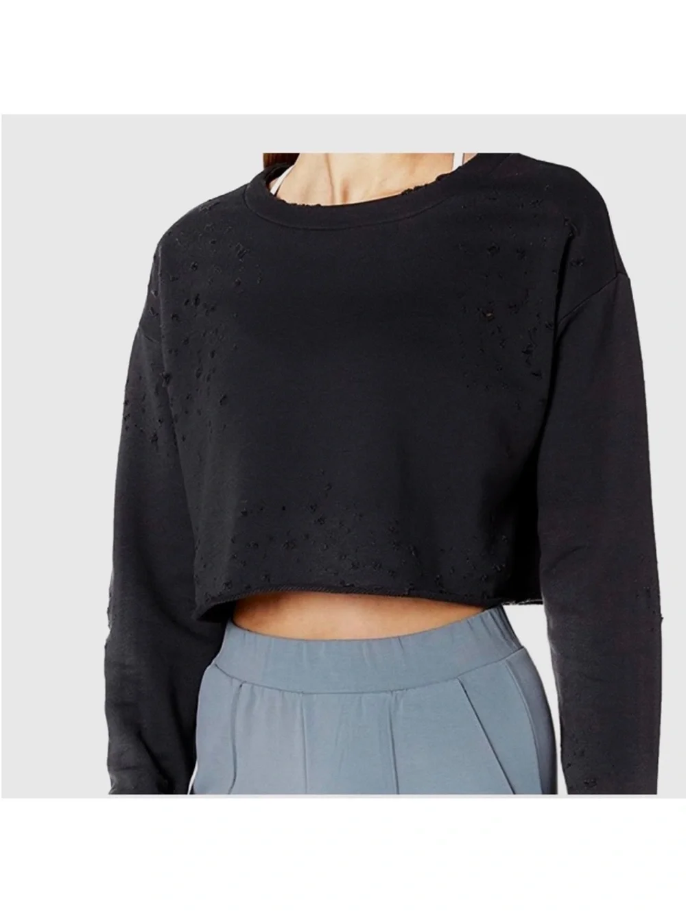 ALO Yoga Black Fierce Distressed Cropped Sweatshirt Size Medium EUC